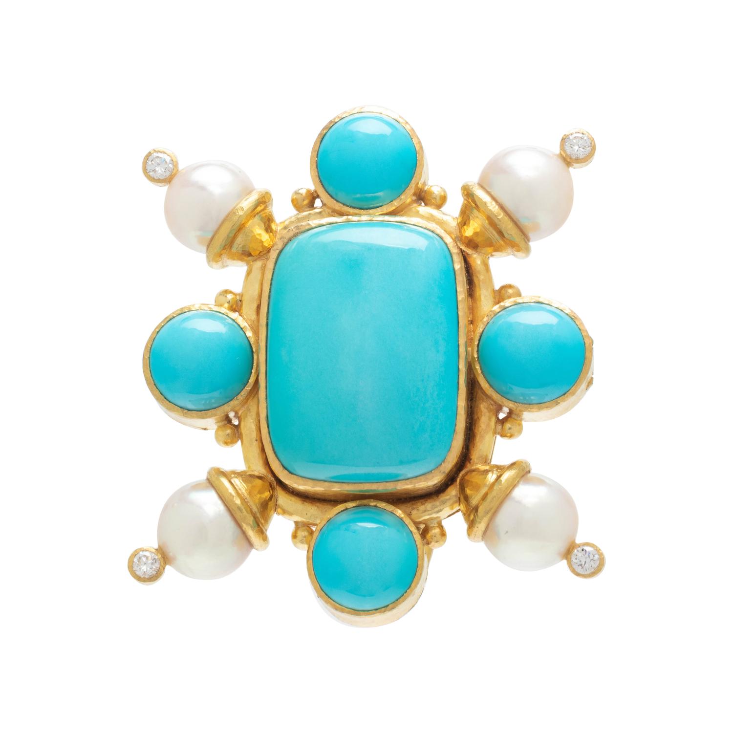 ELIZABETH LOCKE, TURQUOISE, CULTURED PEARL AND DIAMOND PENDANT/BROOCH