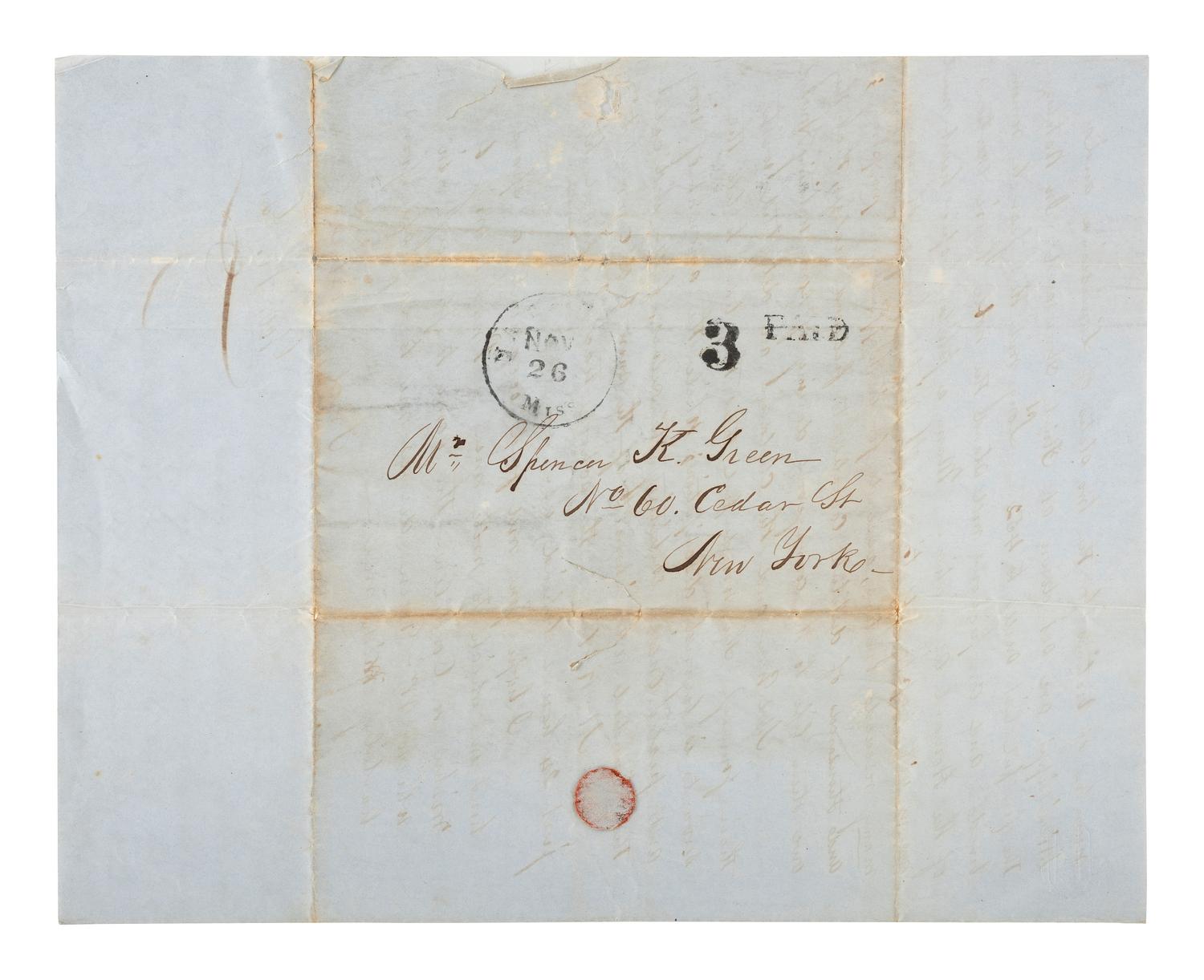 [LOUISIANA]. A letter describing the journey from New York to Louisiana along with the devastation wrought by the 1853 yellow fever outbreak in Natchez, Mississippi.