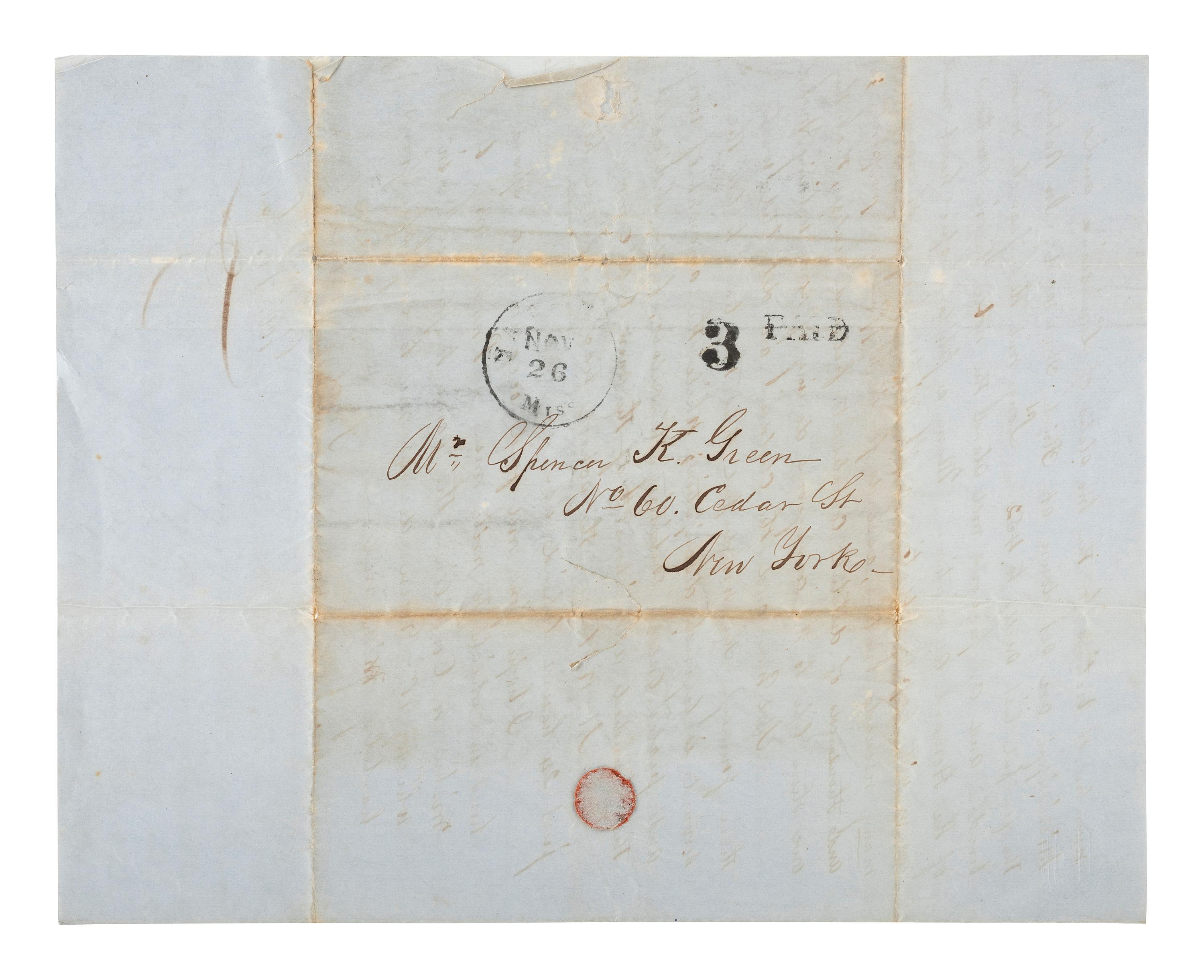 [LOUISIANA]. A letter describing the journey from New York to Louisiana along with the devastation wrought by the 1853 yellow fever outbreak in Natchez, Mississippi.