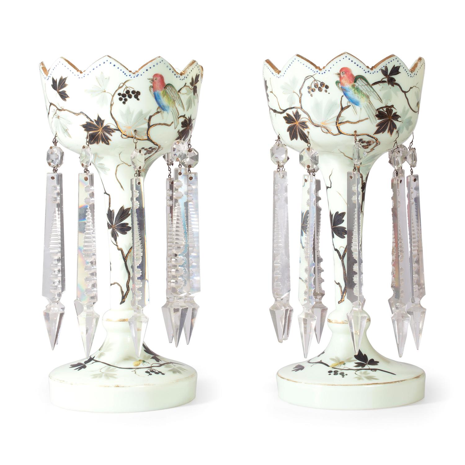 A Pair of Paint-Decorated Opaline Glass Girandoles