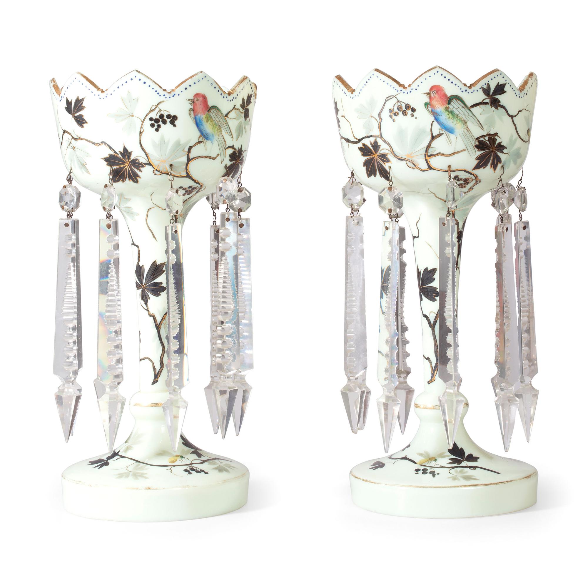 A Pair of Paint-Decorated Opaline Glass Girandoles
