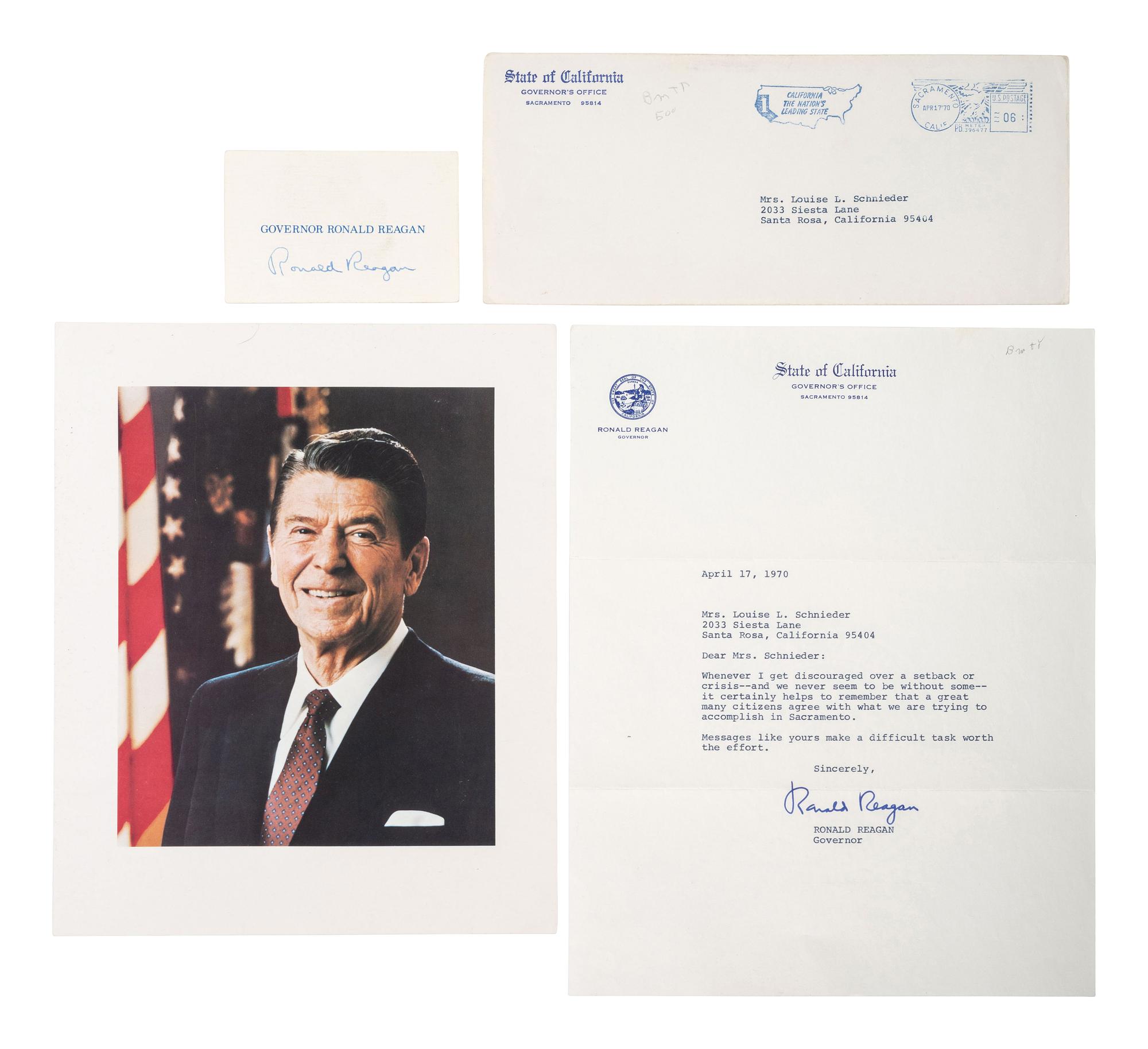 REAGAN, Ronald (1911-2004). Five signed items, most as Governor of California, plus.