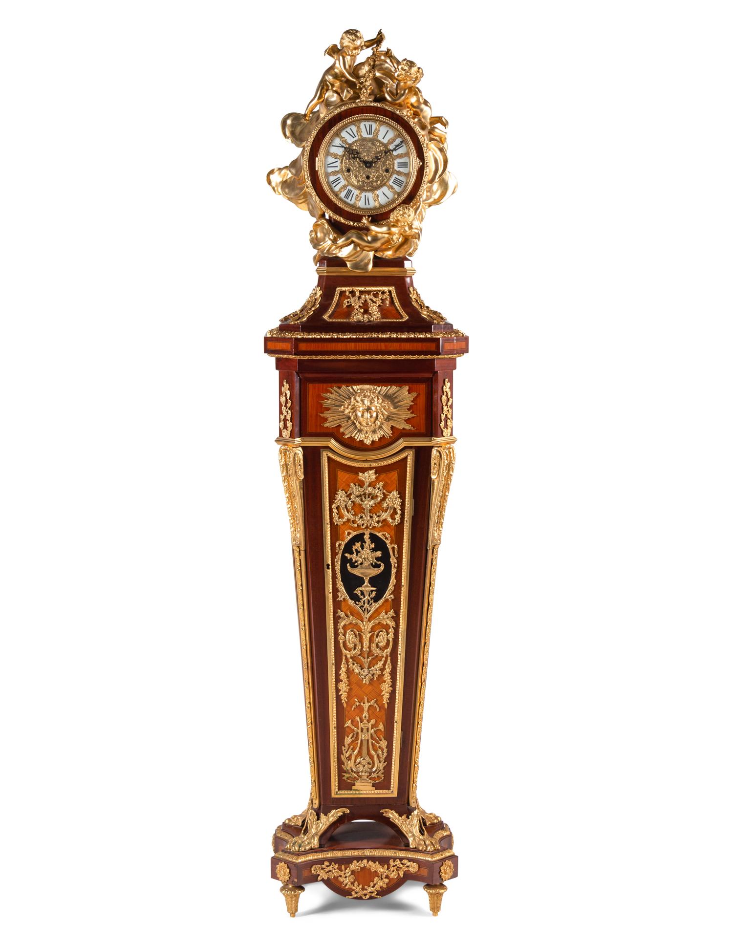A Louis XV Style Gilt Bronze-Mounted Parquetry Tall Case Clock