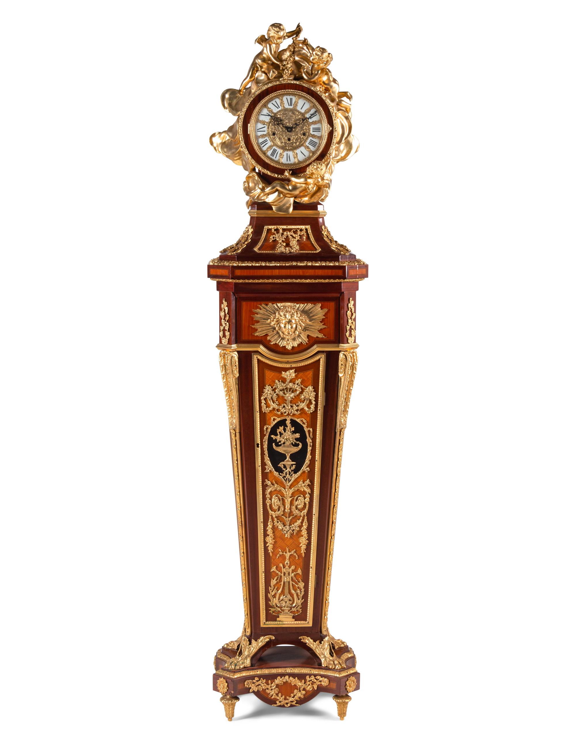 A Louis XV Style Gilt Bronze-Mounted Parquetry Tall Case Clock