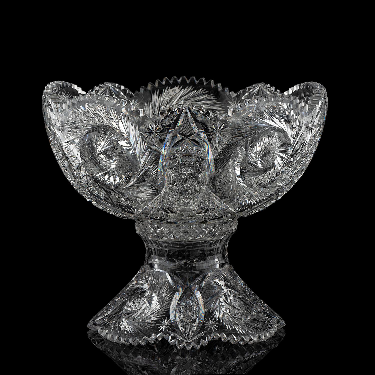 A Brilliant-Period Cut Glass Punch Bowl and Stand with a Hobstar and Fern Garlands