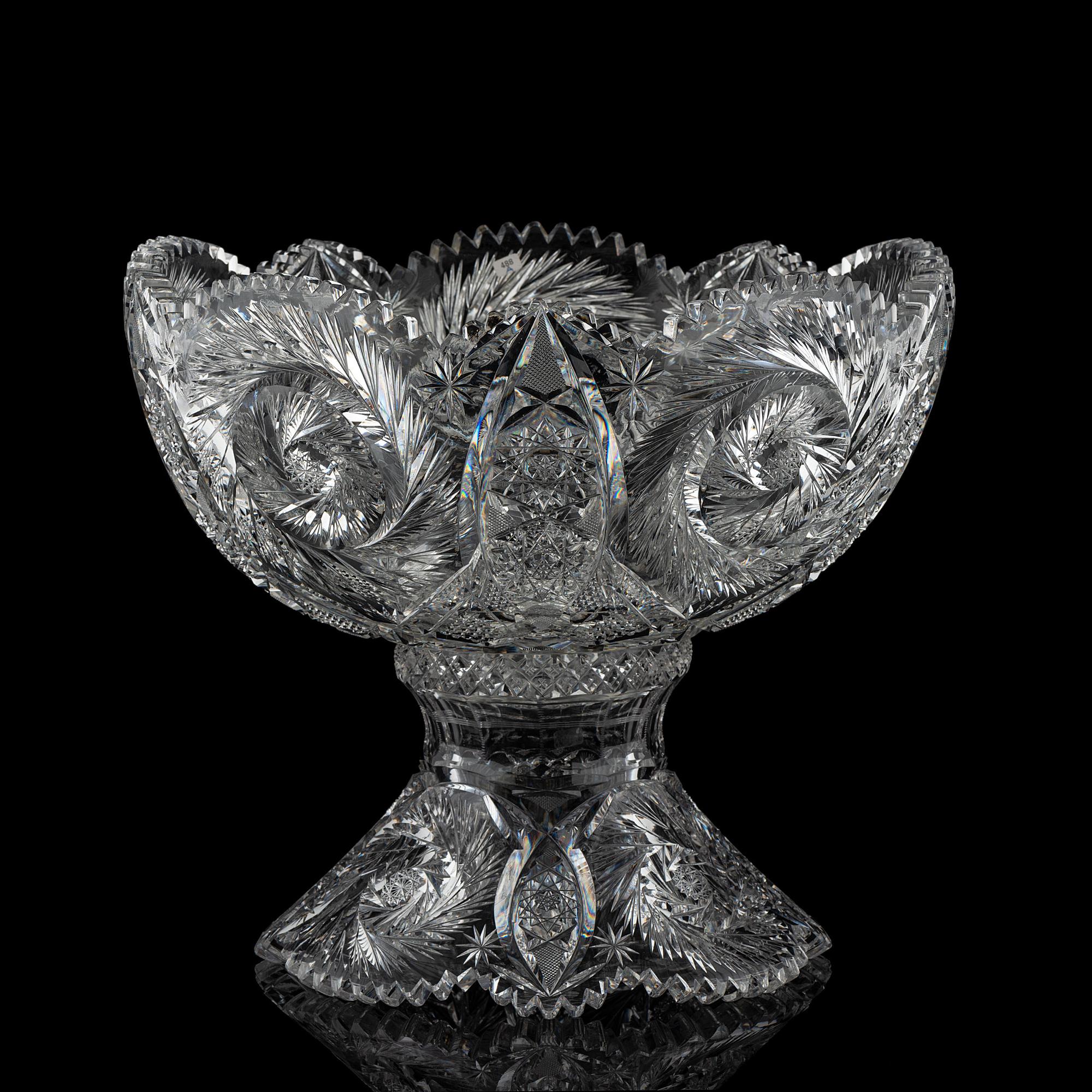 A Brilliant-Period Cut Glass Punch Bowl and Stand with a Hobstar and Fern Garlands