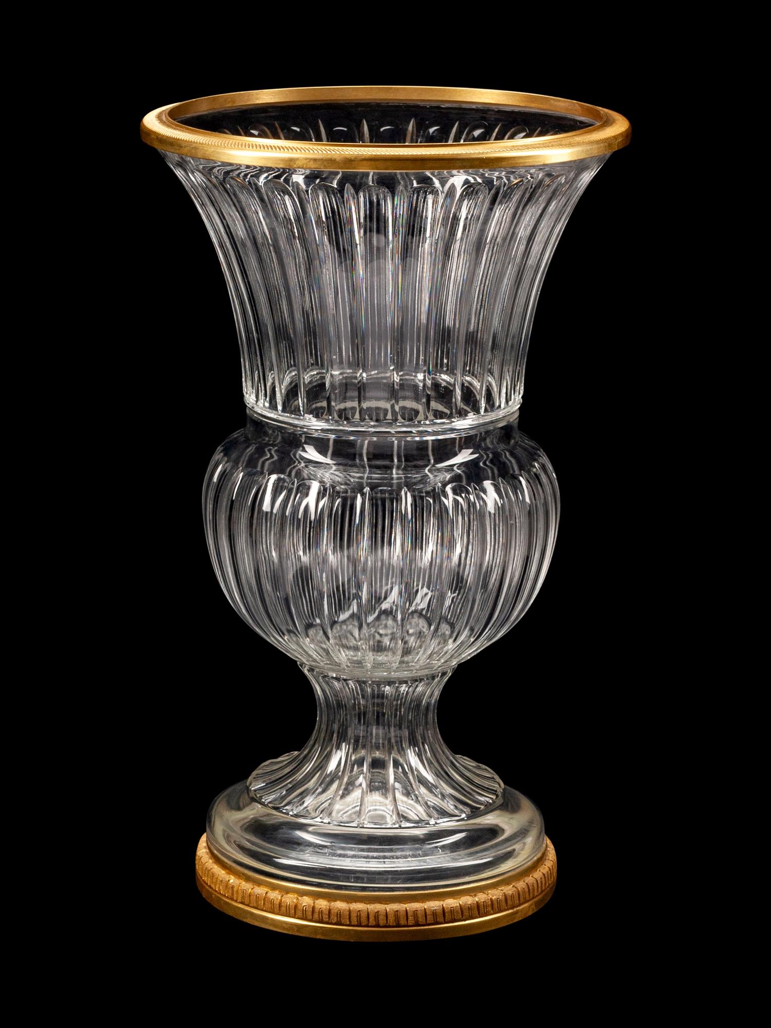 A Pair of Monumental Bronze-Mounted Cut-Glass Campana-Form Urns