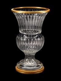 A Pair of Monumental Bronze-Mounted Cut-Glass Campana-Form Urns