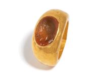A Roman Gold and Carnelian Finger Ring with the Portrait Head of Socrates