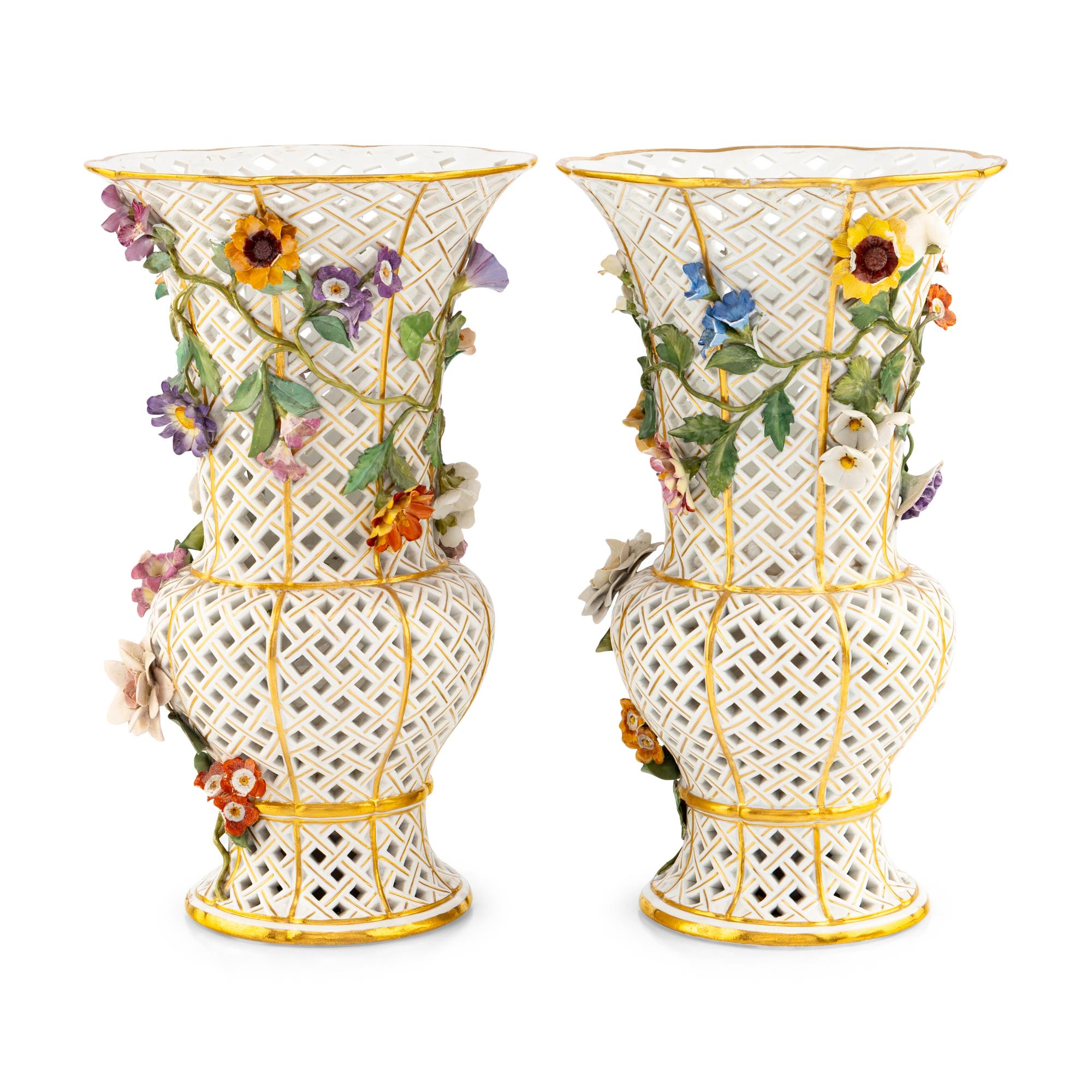 A Pair of Meissen Reticulated Floral Vases