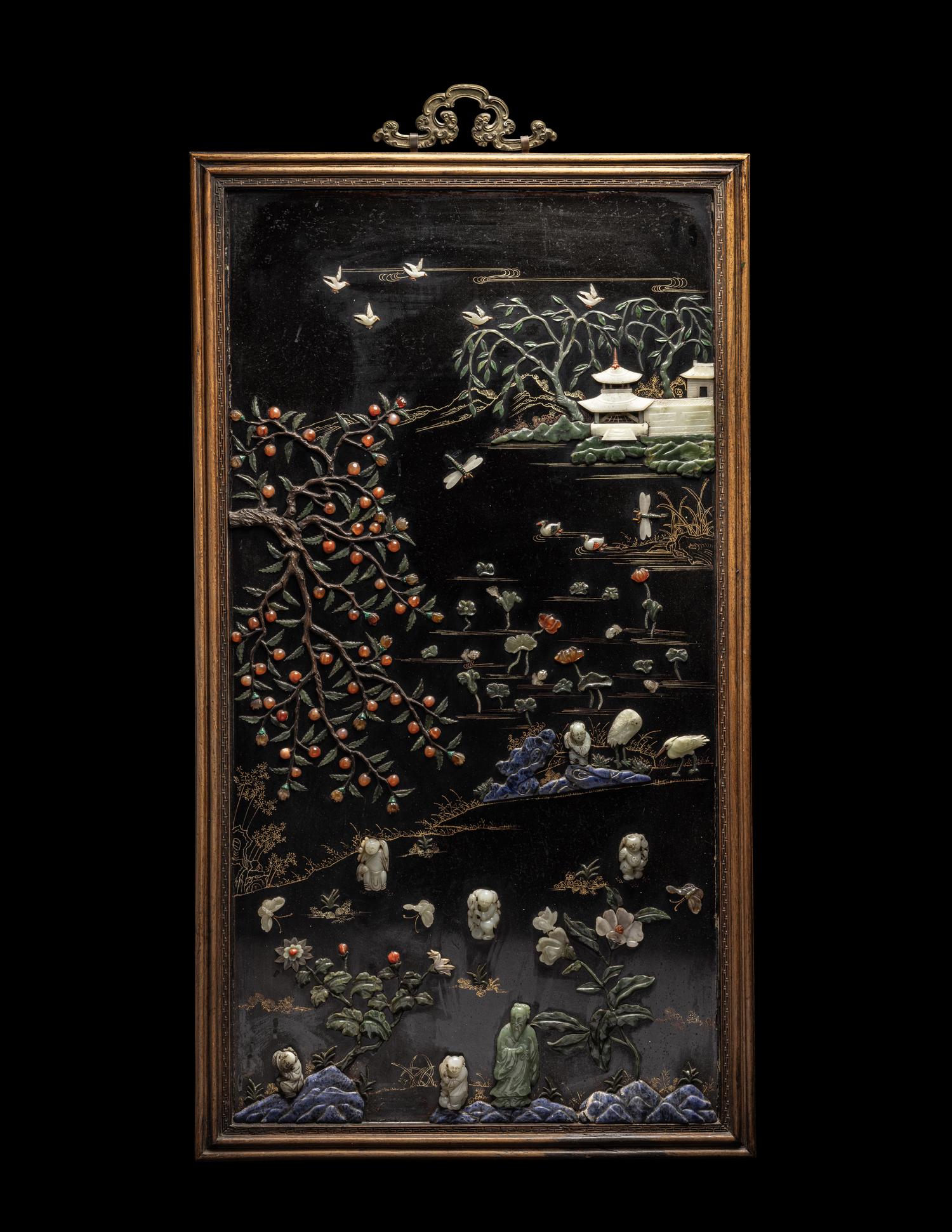 A Pair of Chinese Black Lacquered Hardstone Inset Rectangular Wall Panels