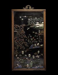 A Pair of Chinese Black Lacquered Hardstone Inset Rectangular Wall Panels