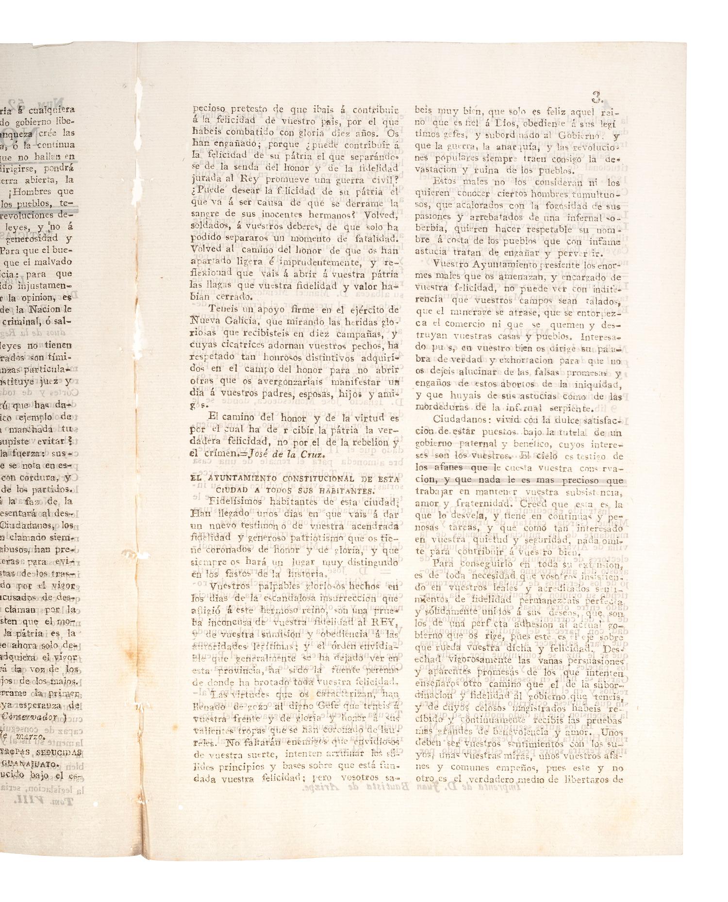 [MEXICAN WAR OF INDEPENDENCE]. Noticioso General. No. 52. Mexico, 30 April 1821.