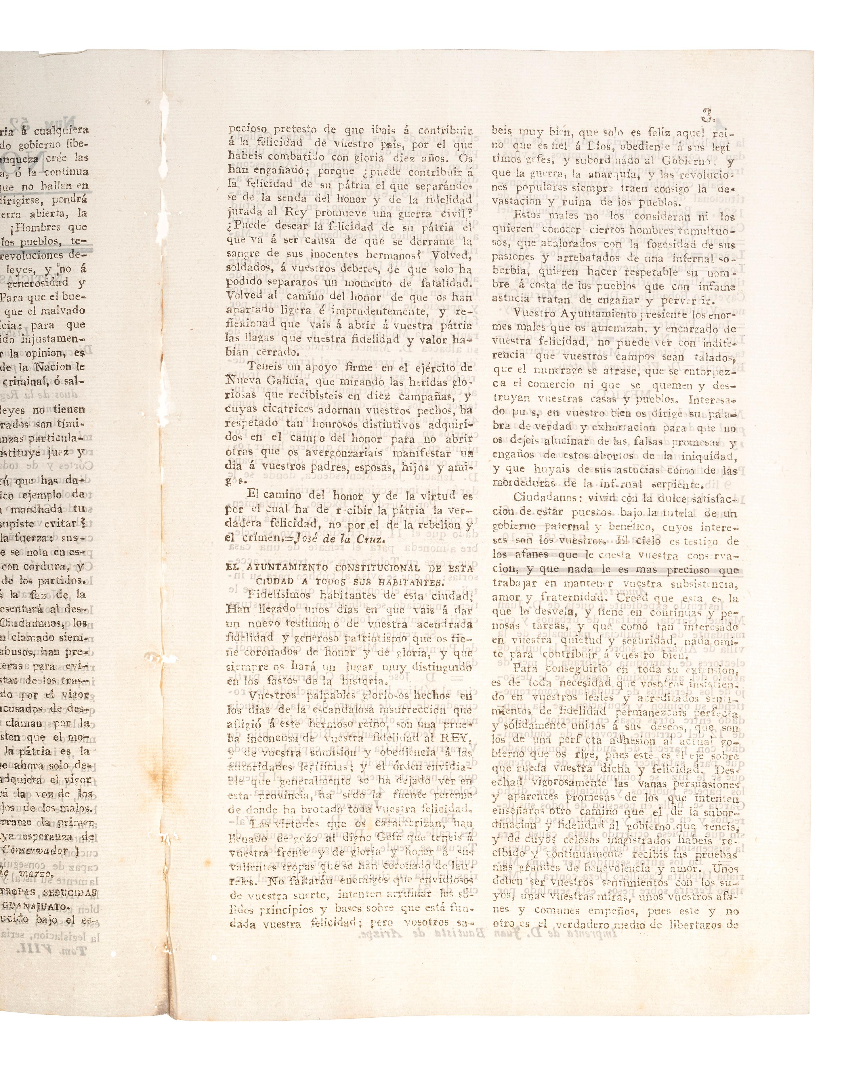 [MEXICAN WAR OF INDEPENDENCE]. Noticioso General. No. 52. Mexico, 30 April 1821.