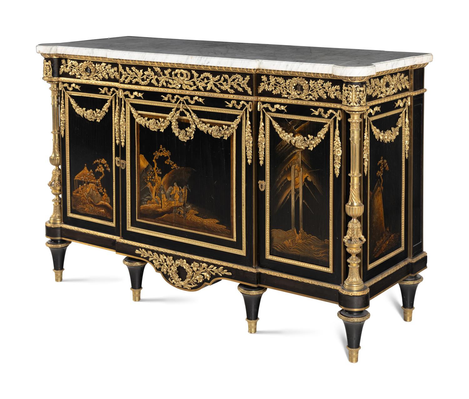 A Louis XVI Style Gilt Bronze Mounted Japanese Lacquer and Ebony Marble-Top Commode à Vantaux