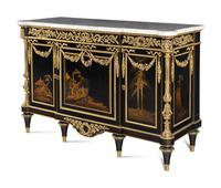 A Louis XVI Style Gilt Bronze Mounted Japanese Lacquer and Ebony Marble-Top Commode à Vantaux