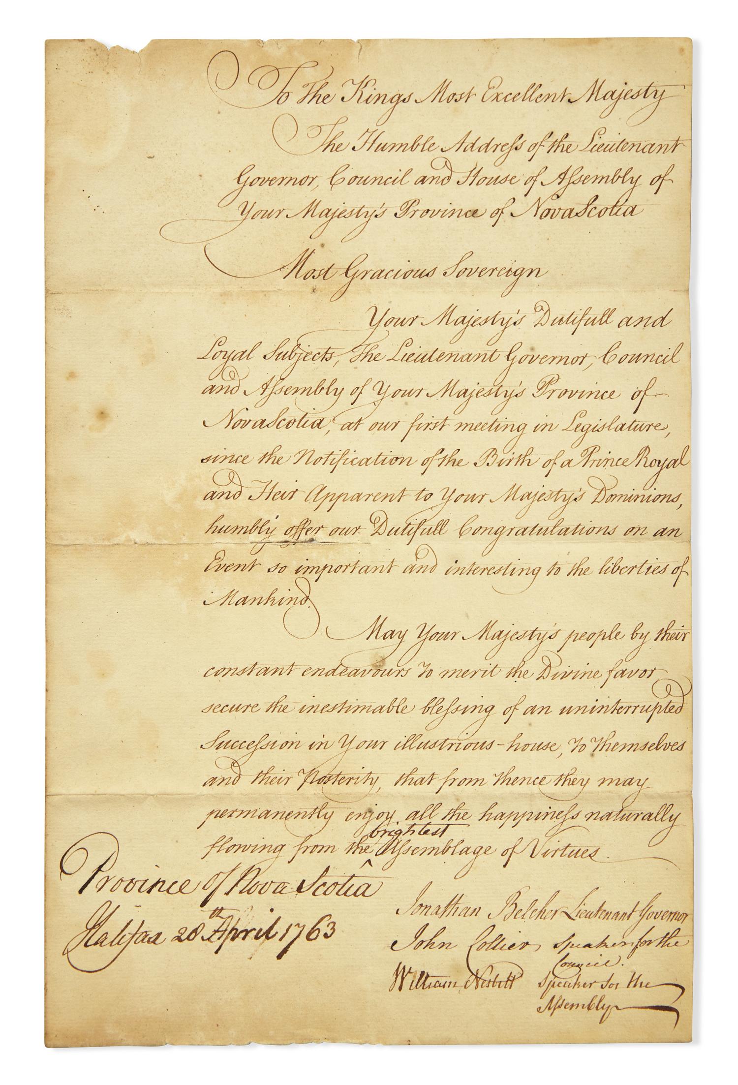 [Americana] [Canada] Belcher, Jonathan, and John Collier, and William Nesbitt. Manuscript Document, signed