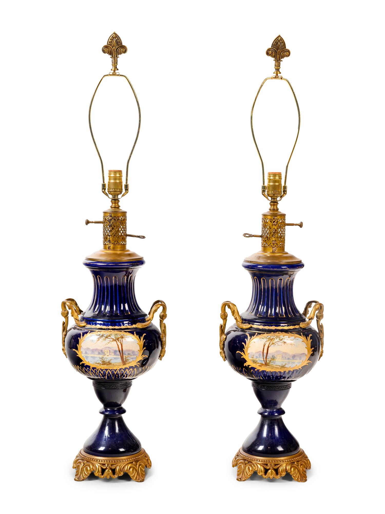 A Pair of Sèvres Style Porcelain Vases Mounted as Lamps