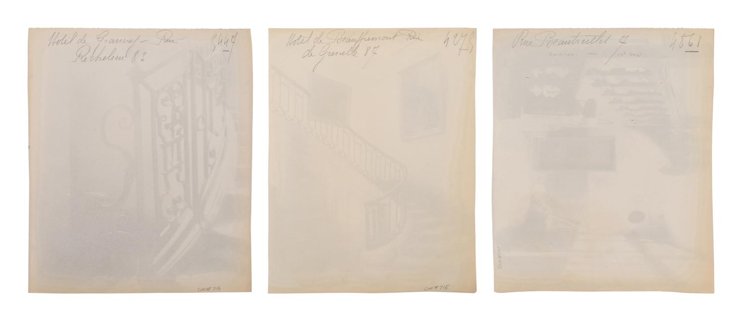 A group of three photographs ( Escalier, rue Beautreilles 7, 1904 (4e arr) , 1903-1904; Hôtel de Beauffremont, rue de Grenelle 87 , 1901; Hôtel de Grancry, 83 rue Richelieu , 1907)