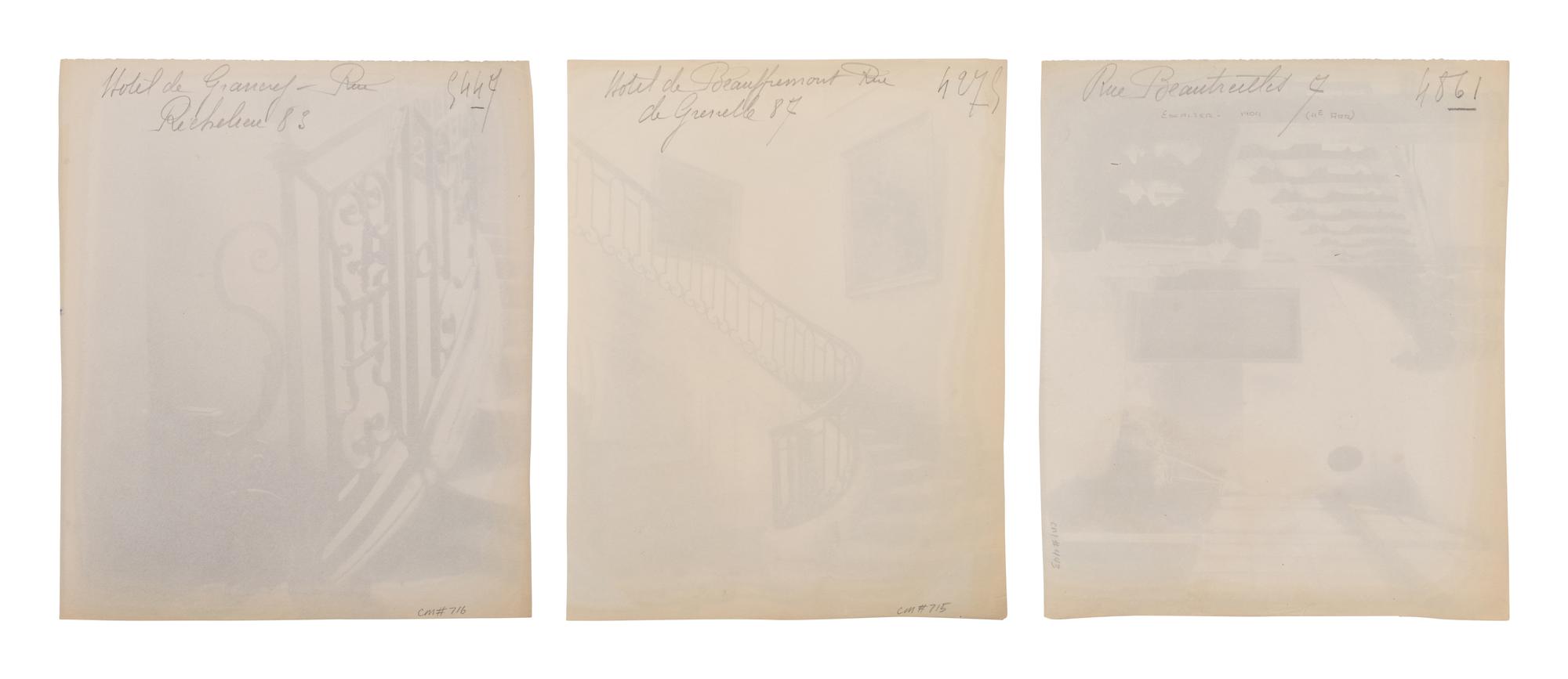 A group of three photographs ( Escalier, rue Beautreilles 7, 1904 (4e arr) , 1903-1904; Hôtel de Beauffremont, rue de Grenelle 87 , 1901; Hôtel de Grancry, 83 rue Richelieu , 1907)