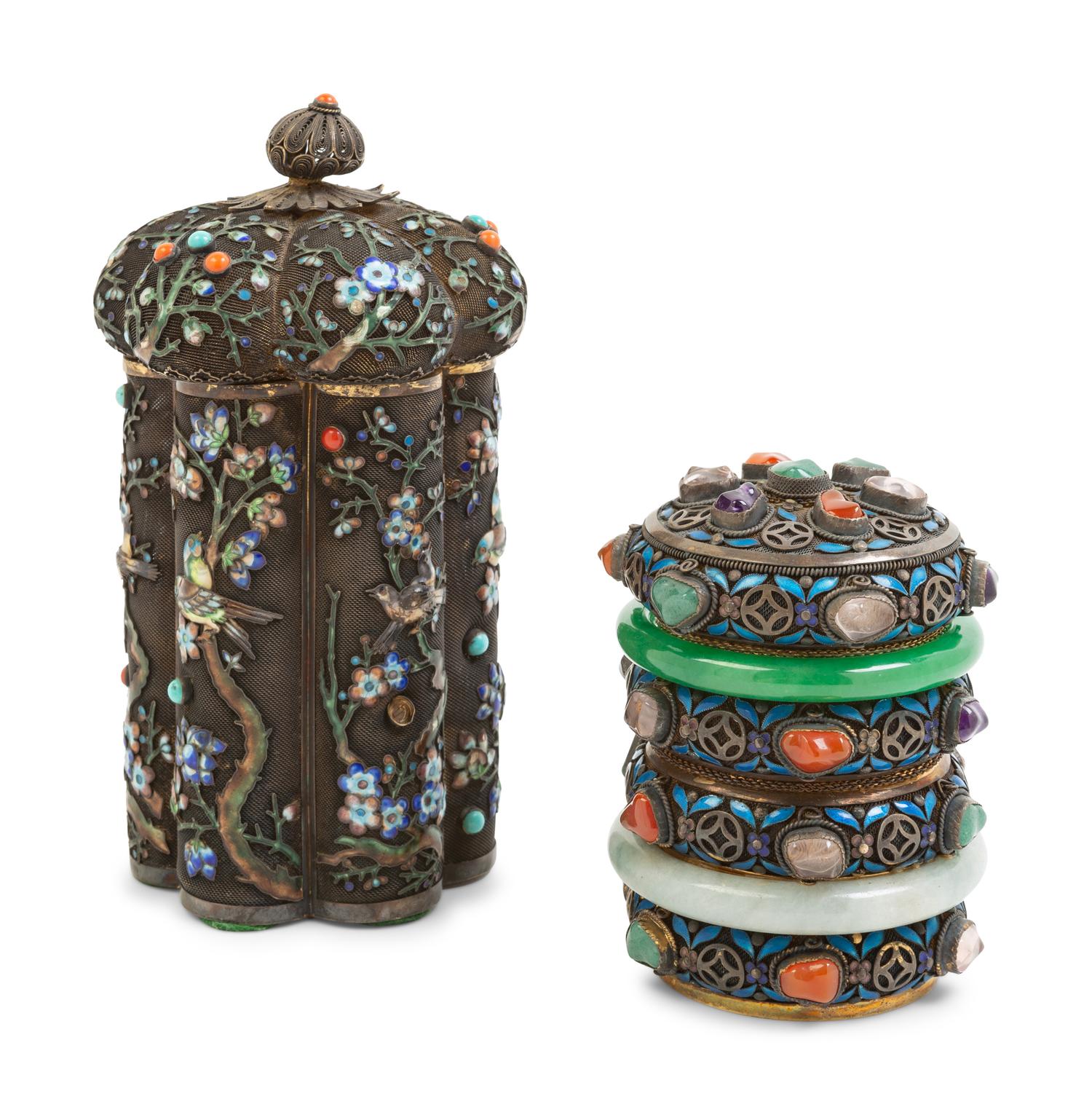 Two Chinese Embellished Silver Gilt Filigree Covered Boxes