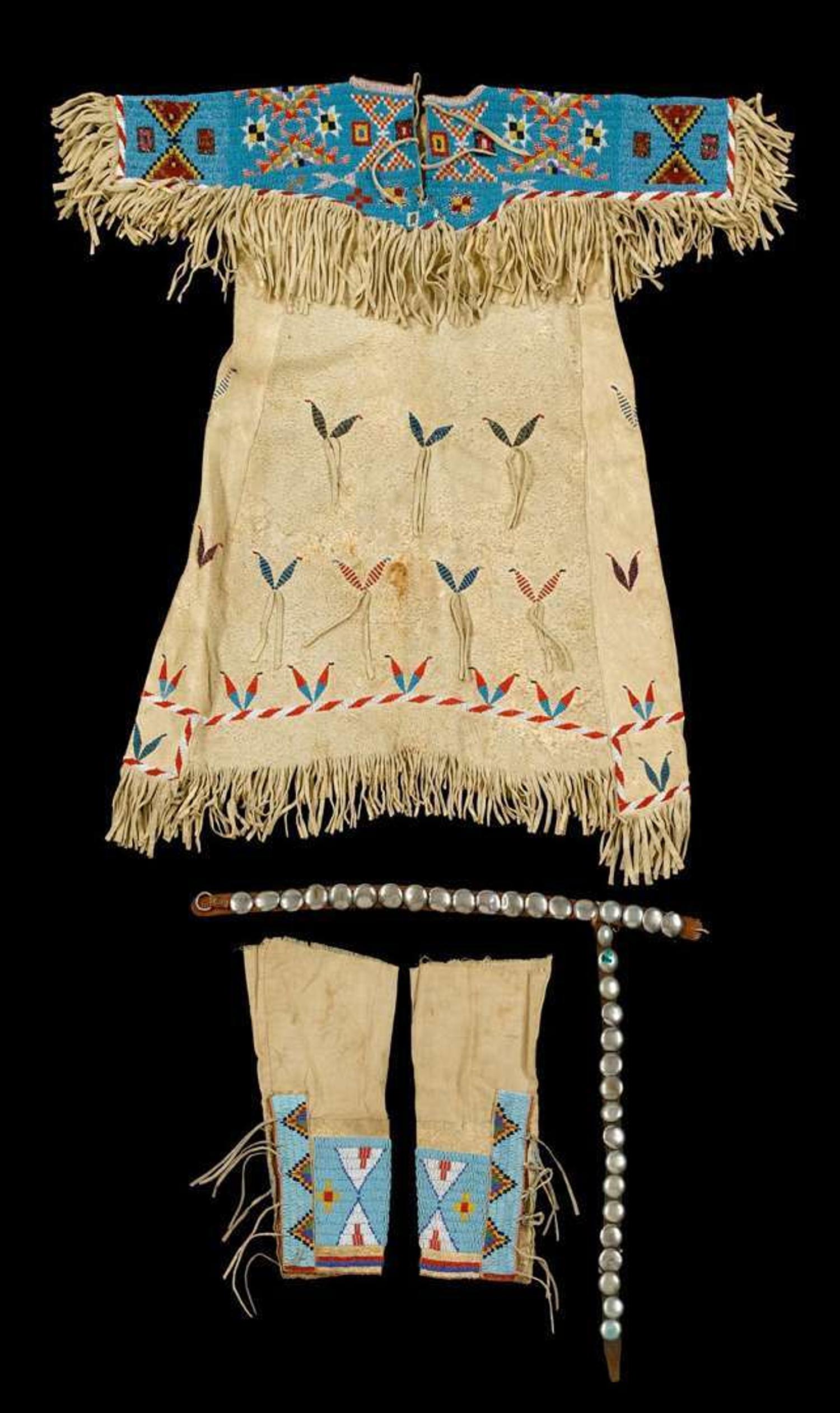 Child's Sioux beaded hide dress, leggings and concho belt first third 20th century