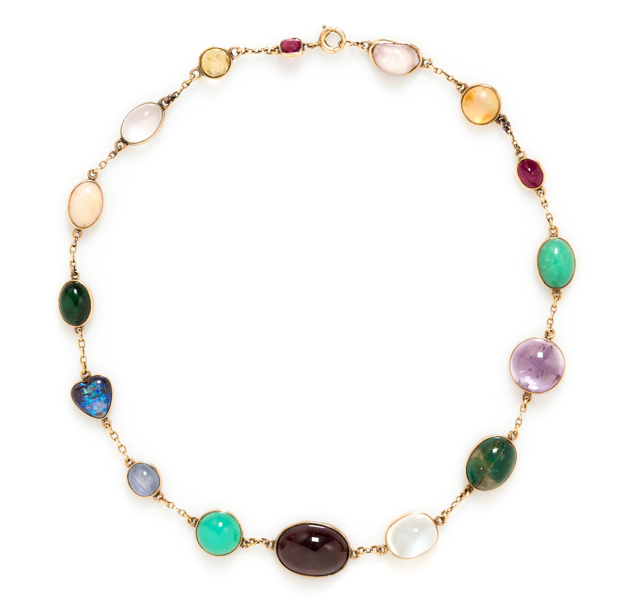 A Yellow Gold and Multi Gem Necklace, Circa 1940, 11.80 dwts.