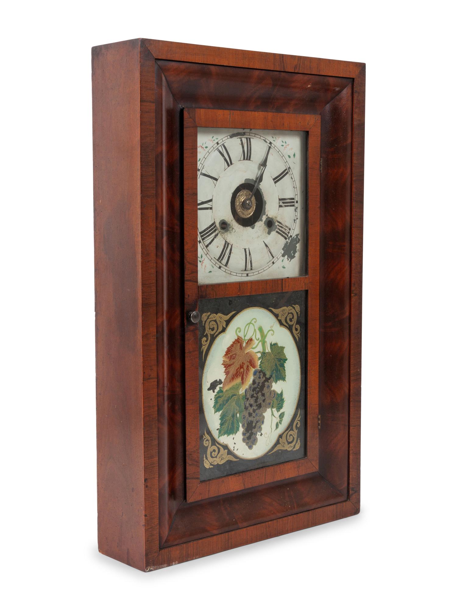 A Classical Mahogany Veneered Eglomise and Reverse-Painted Glass Inset Shelf Clock