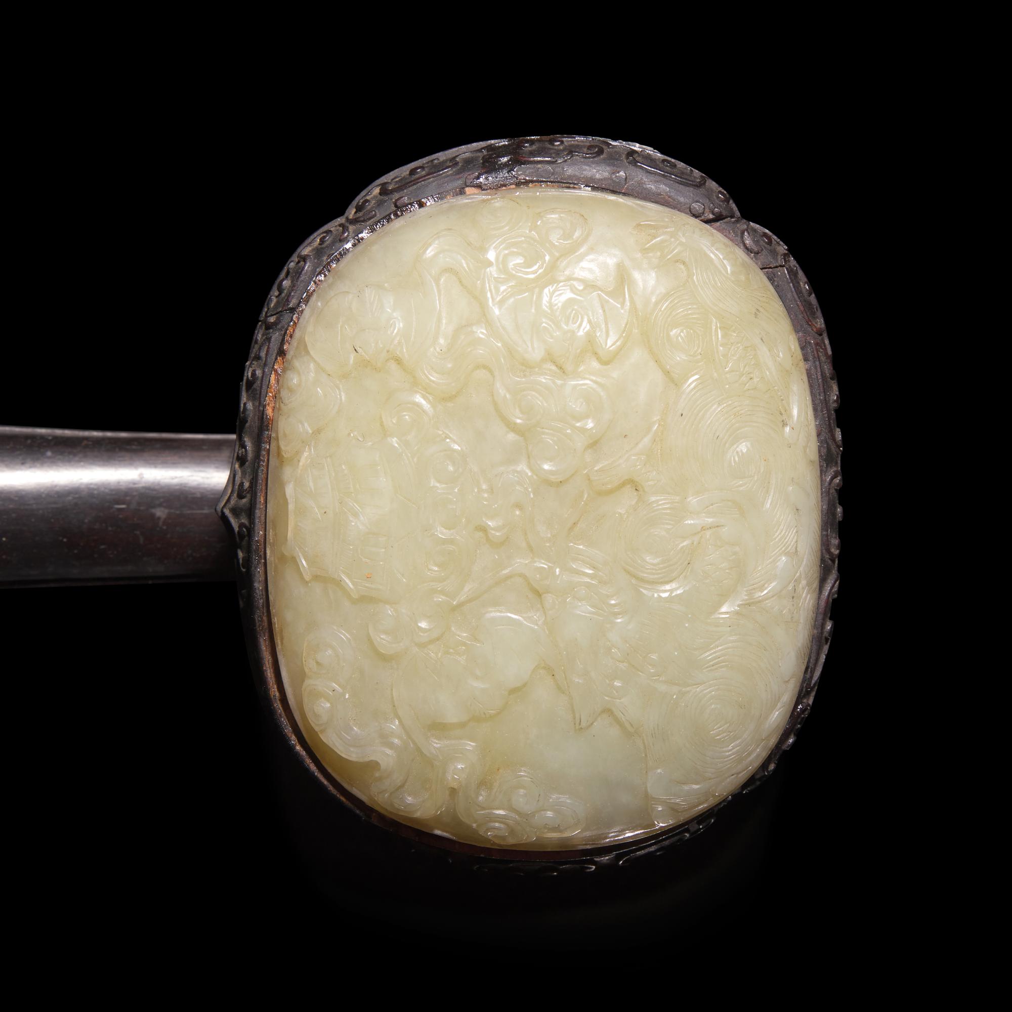 A Chinese Jade Inset Hardwood Ruyi Scepter, Late 19th-20th Century — 晚清-民國 白玉三鑲硬木如意