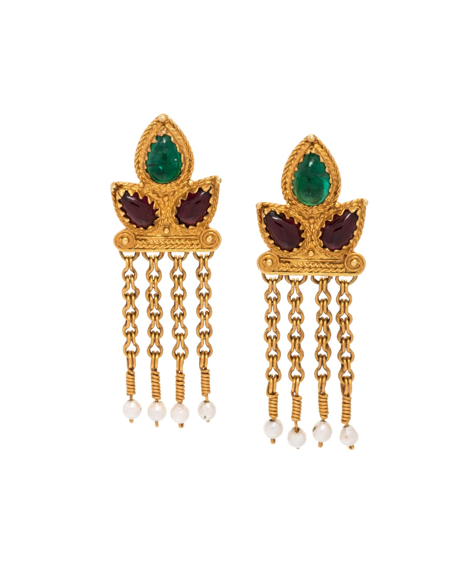 EMERALD, GARNET AND CULTURED PEARL EARRINGS