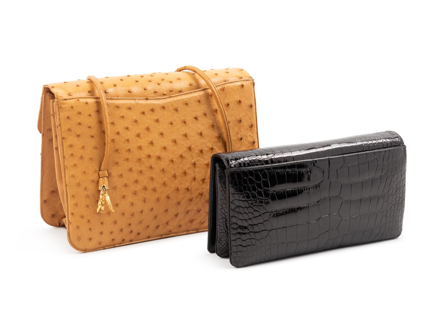 Two Judith Leiber Bags; One Black Crocodile Bag, One Tan Ostrich Bag, 1990-2000s