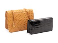 Two Judith Leiber Bags; One Black Crocodile Bag, One Tan Ostrich Bag, 1990-2000s
