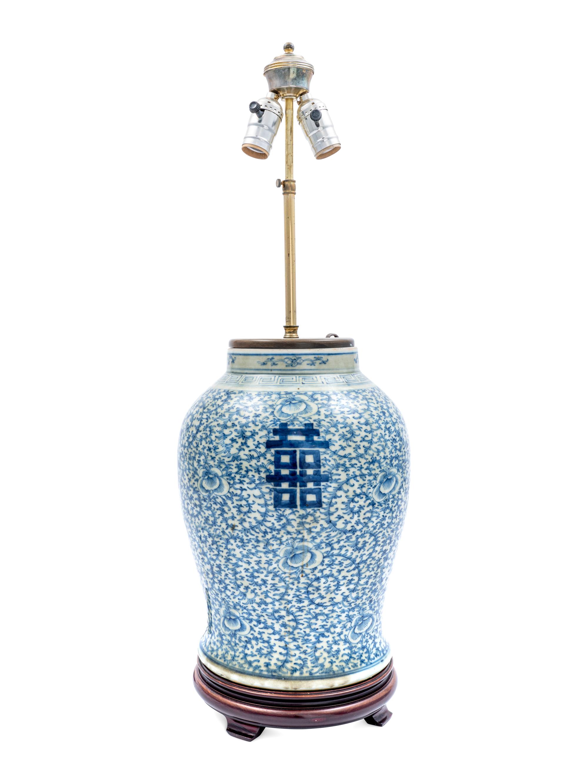 A Chinese Export Blue and White Porcelain Vase Mounted as a Lamp
