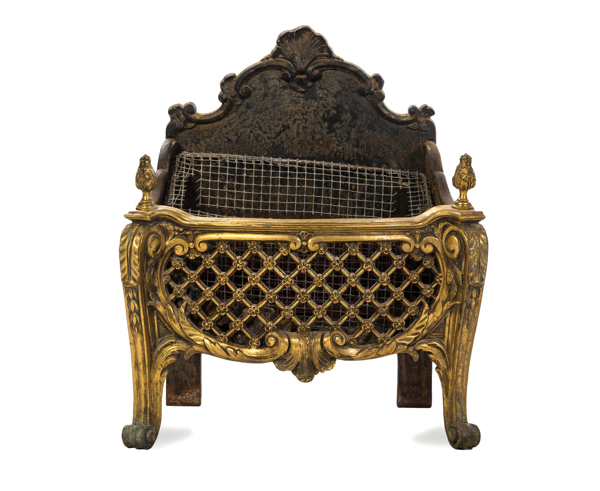 A Louis XV Style Gilt Bronze Fire Grate, EARLY 20TH CENTURY, Height 22 1/4 x width 18 1/2 x depth 11 1/2 inches. — EARLY 20TH CENTURY,