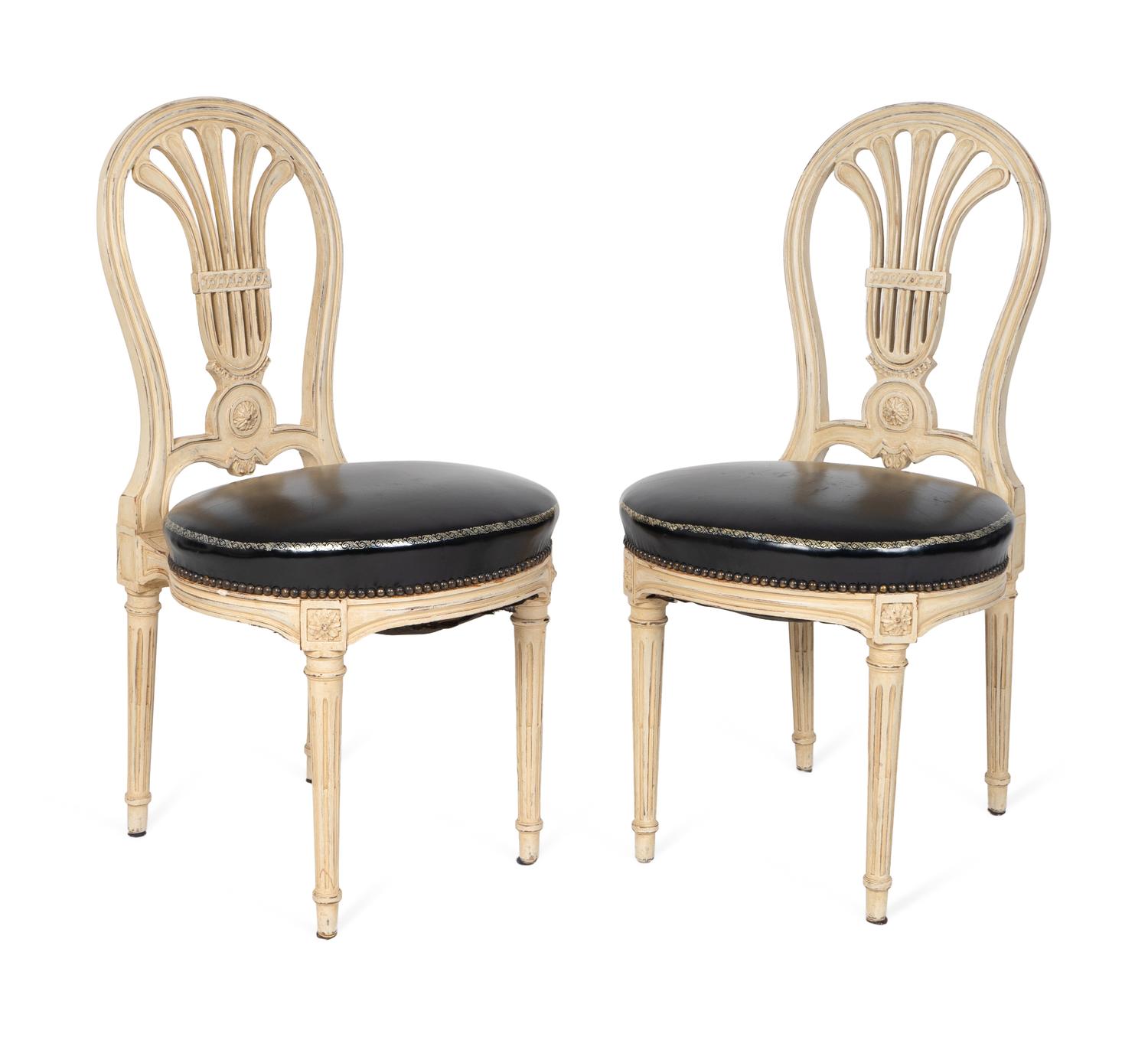 A Set of Ten Louis XVI Style White-Painted and Leather-Upholstered Chaises