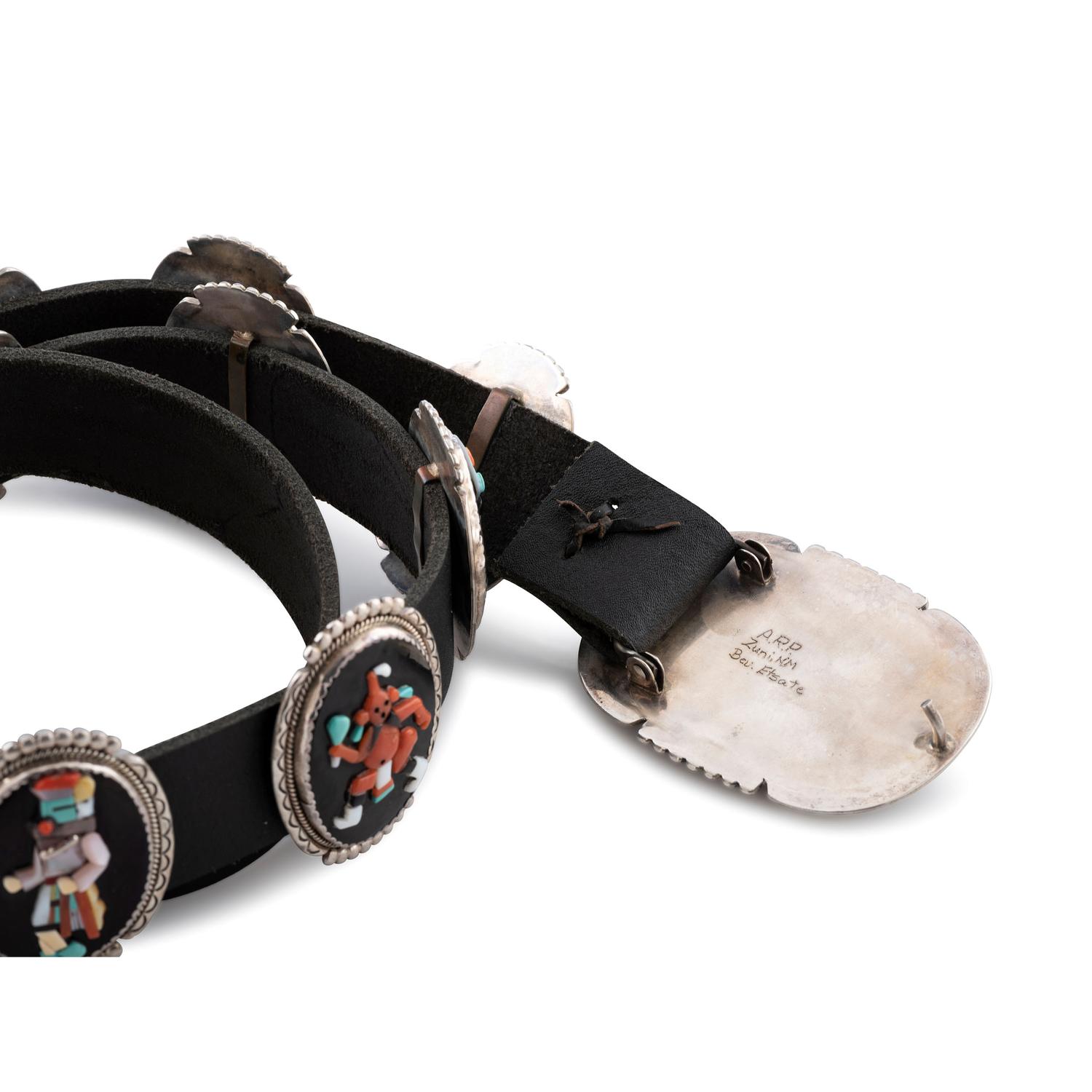 Silver and Mosaic Inlay Concha Belt, with Katsinas and Dancers