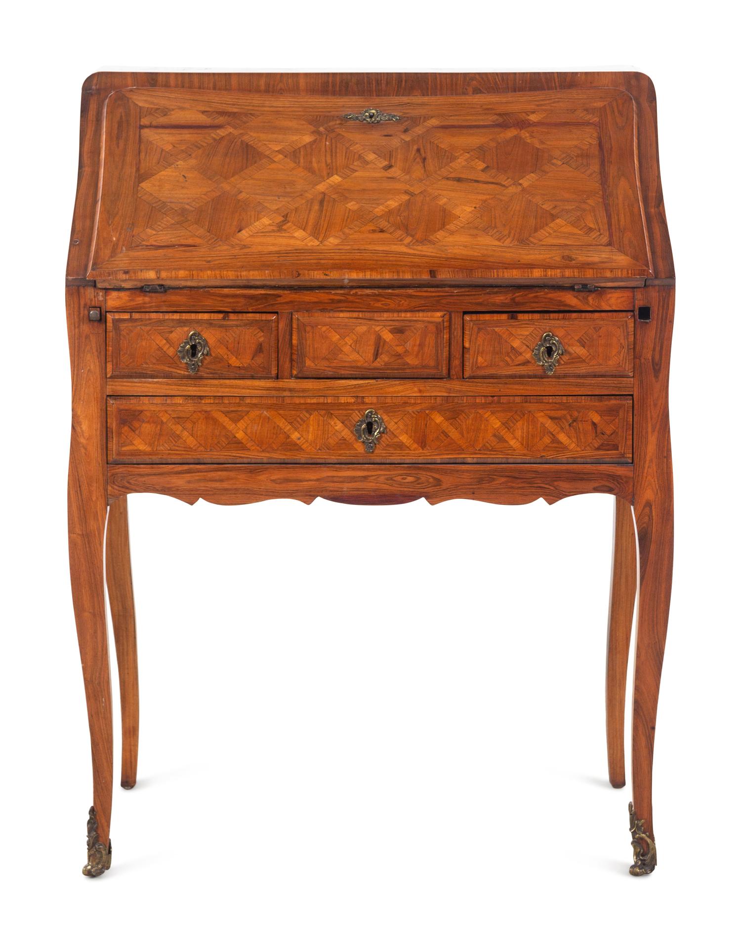 A Louis XV Style Tulipwood and Parquetry Slant-Front Bureau