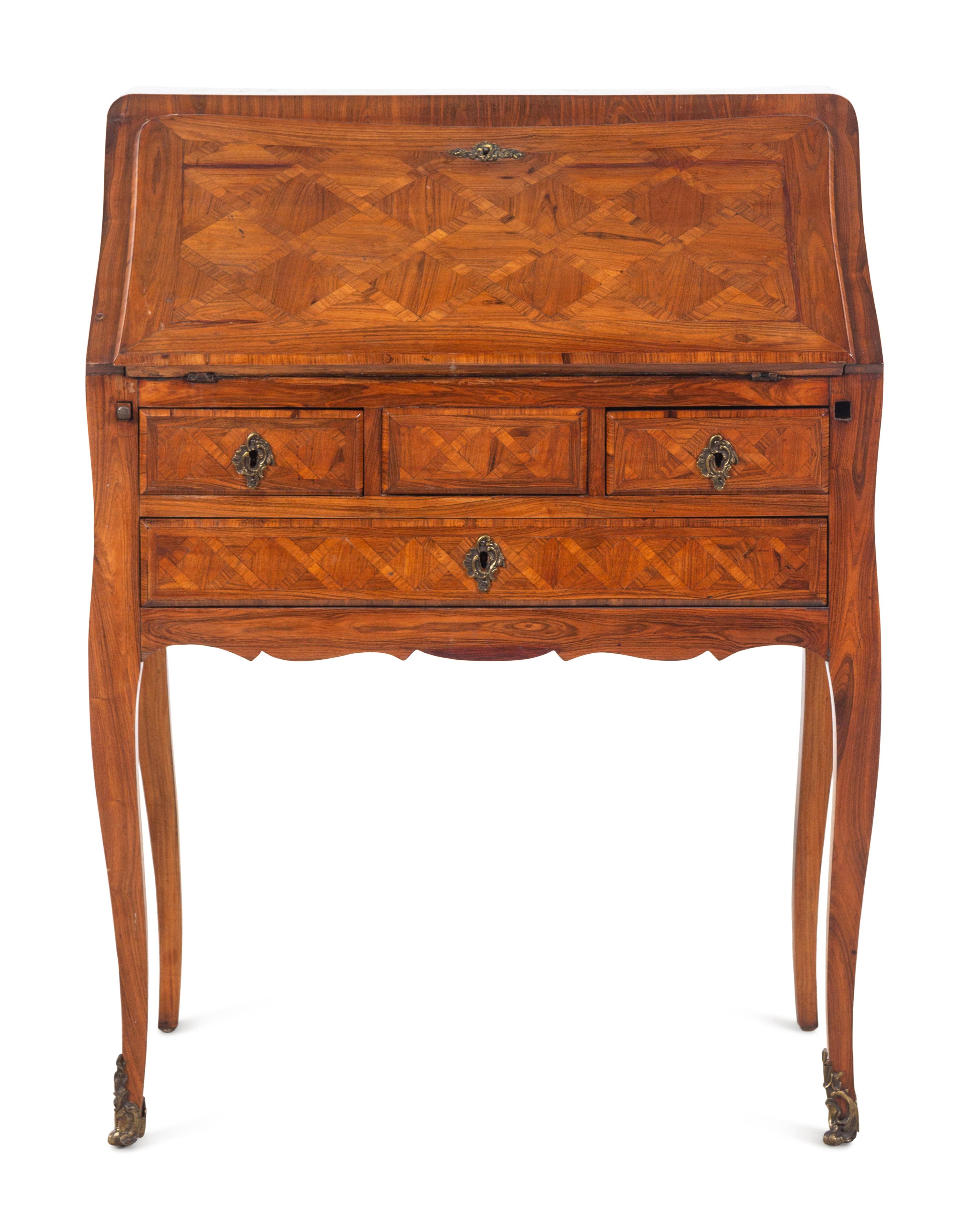 A Louis XV Style Tulipwood and Parquetry Slant-Front Bureau