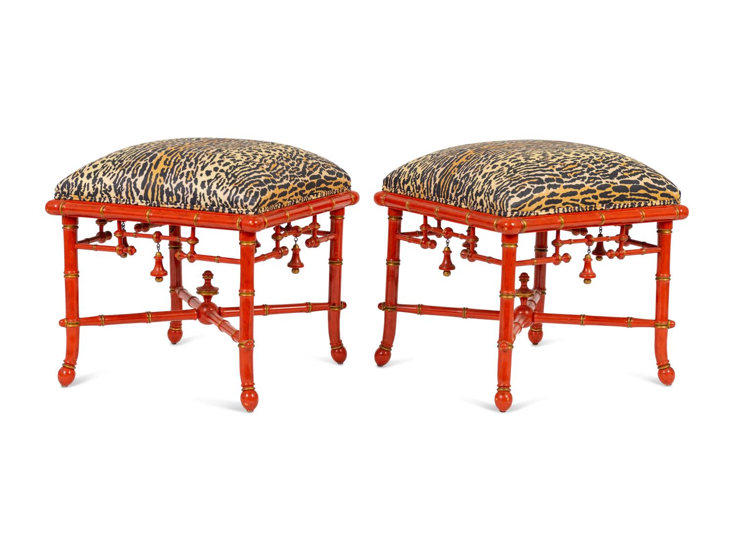 A Pair of Chinoiserie Style Red Lacquered Stools — BAKER, 20TH CENTURY