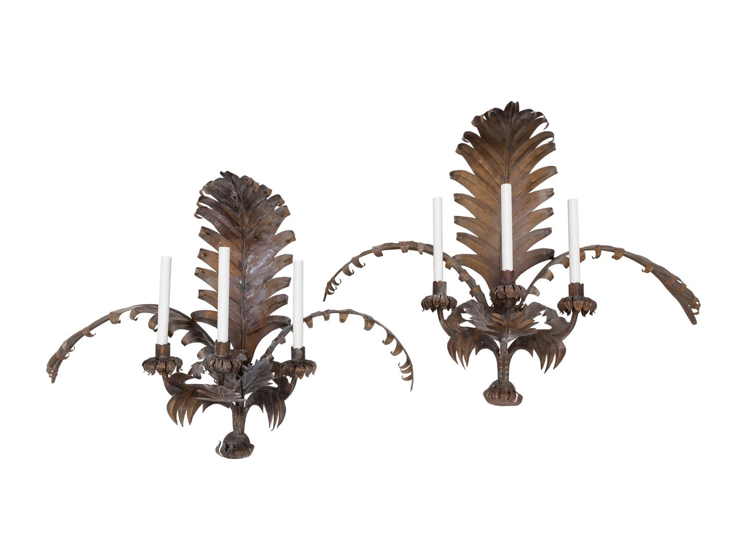 A Pair of Italian Tole Palm Frond Three-Light Sconces