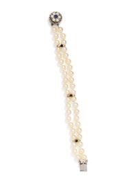 A 14 Karat White Gold, Cultured Pearl and Sapphire Bracelet,