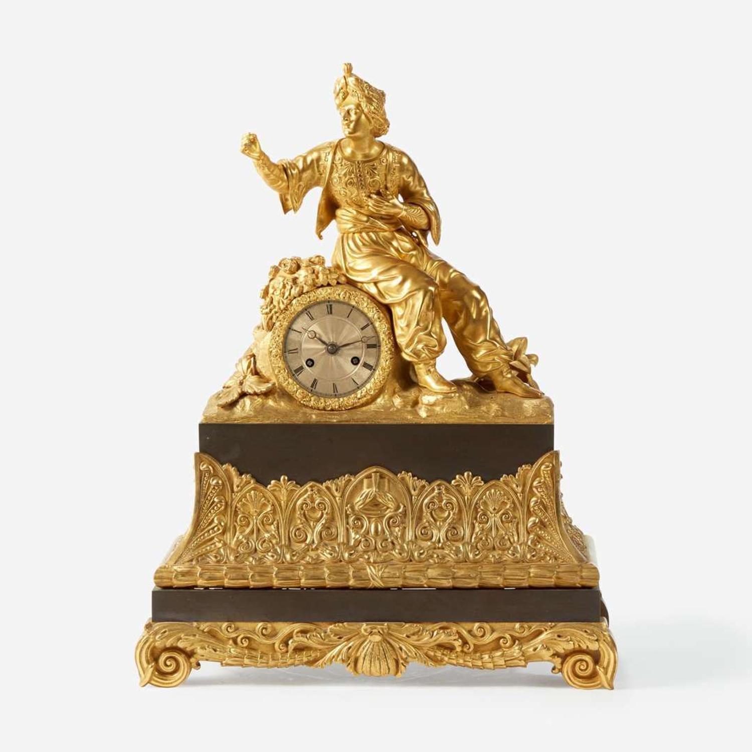 A Large Continental Patinated and Gilt Bronze Figural Mantle Clock late 19th century