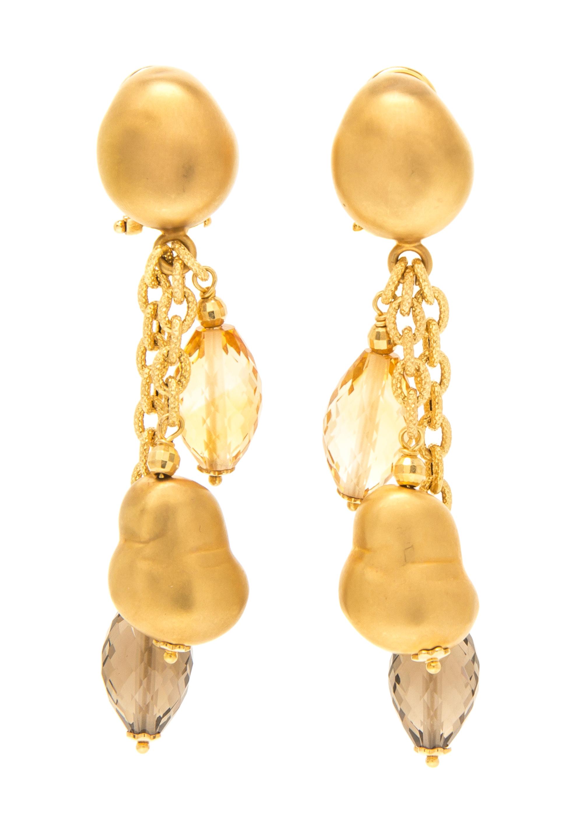 A Pair of 18 Karat Yellow Gold, Smoky Quartz and Citrine Dangle Earclips, Roberto Coin, 9.90 dwts.