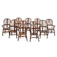 A Set of Nine English Yew and Elm Windsor Armchairs