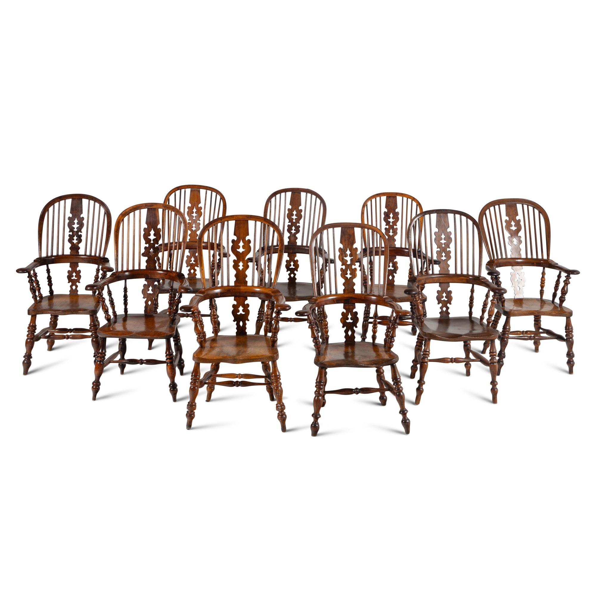 A Set of Nine English Yew and Elm Windsor Armchairs
