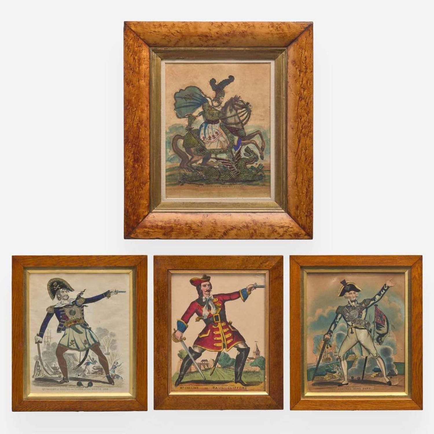 A group of four English "tinsel" dressed figures or prints depicting historical figures 19th century
