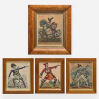 A group of four English "tinsel" dressed figures or prints depicting historical figures 19th century