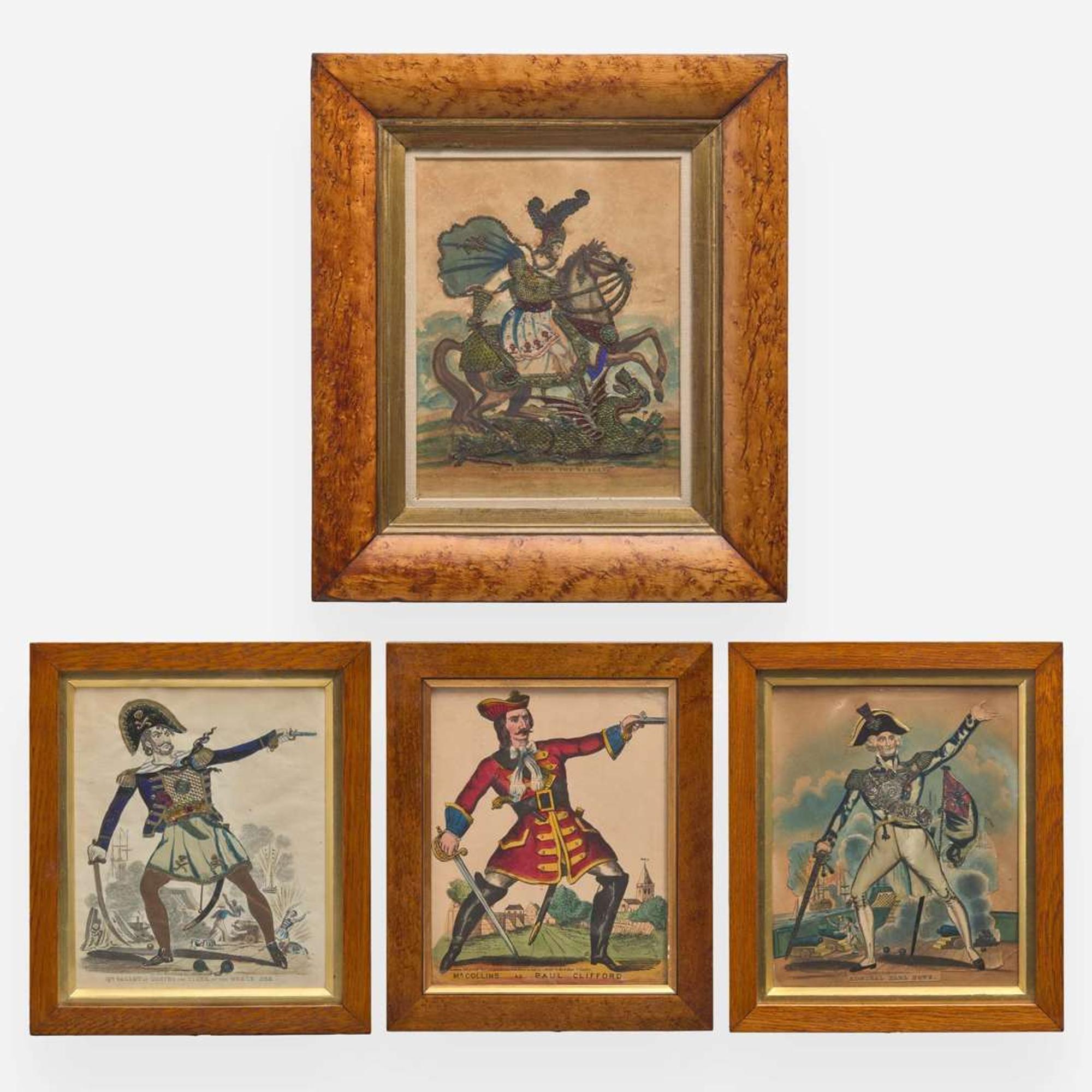 A group of four English "tinsel" dressed figures or prints depicting historical figures 19th century
