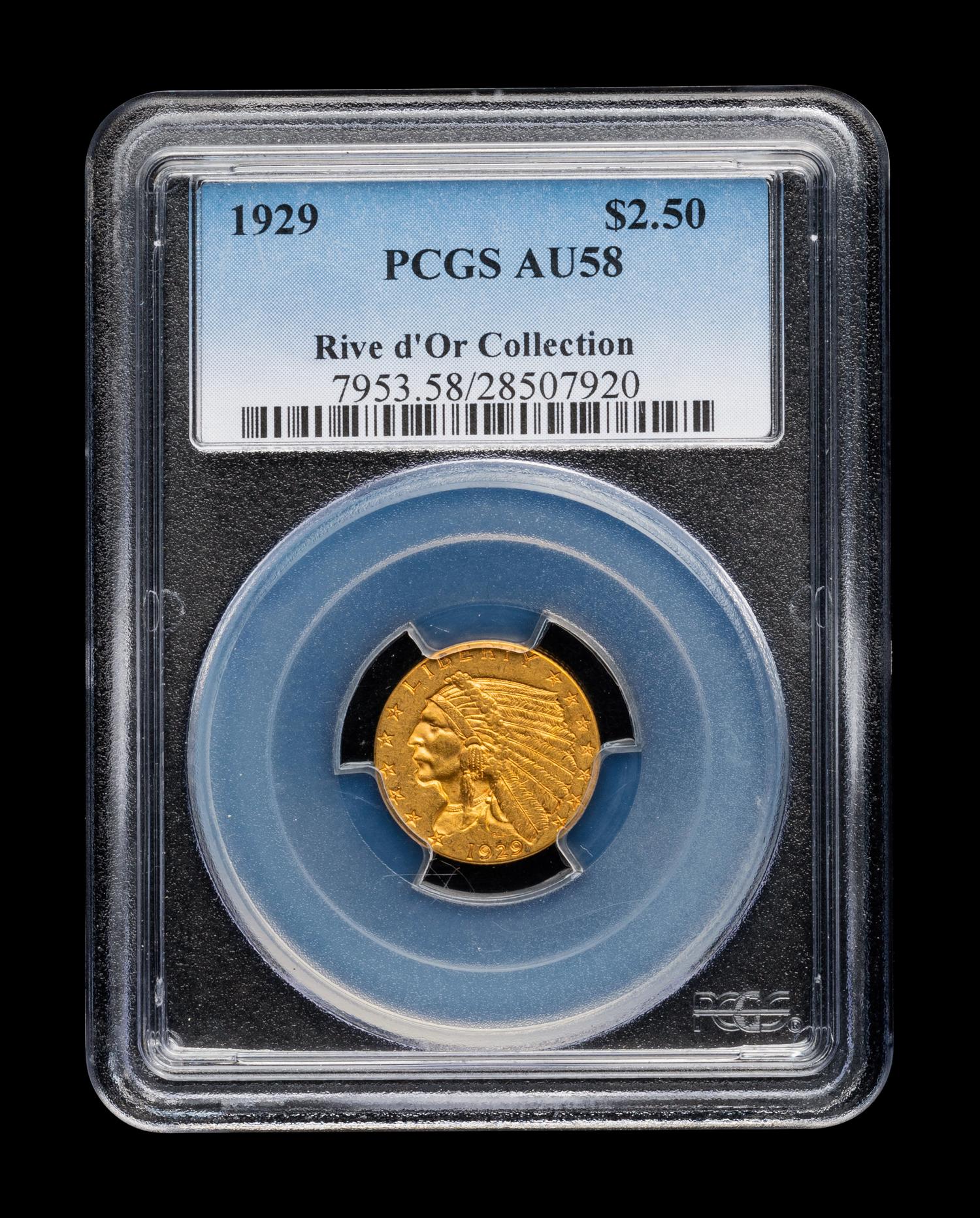 A 1929 Indian Head $2.50 Gold Coin (PCGS AU58)