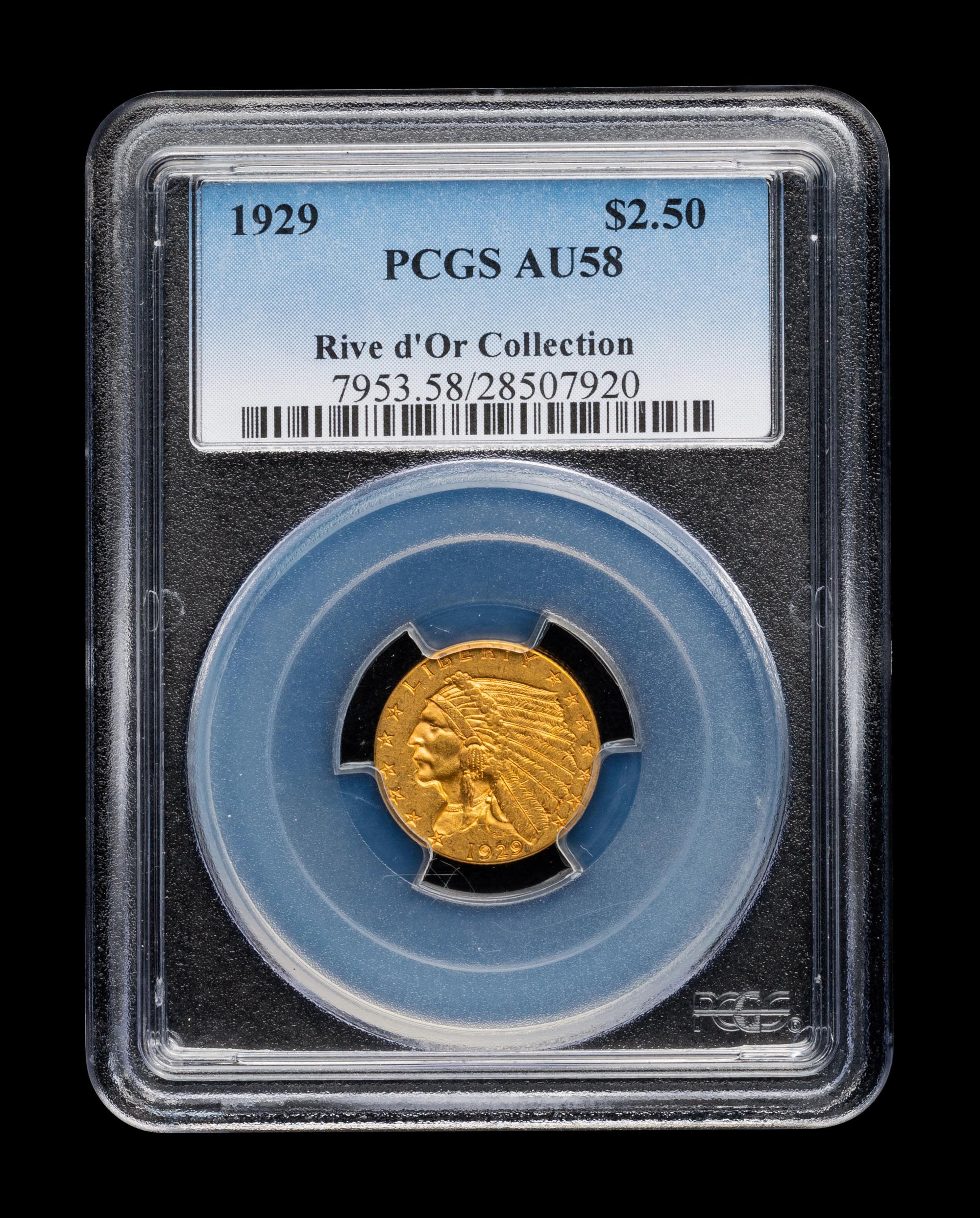 A 1929 Indian Head $2.50 Gold Coin (PCGS AU58)